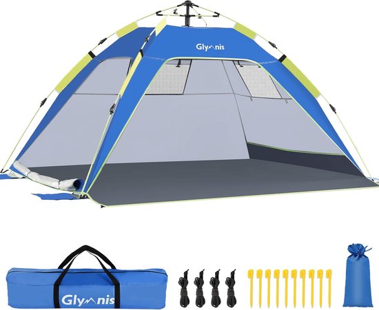 strandtent, quick up strandtent, automatische strandtent met ritssluiting, UV-bescherming, 50+ windbescherming, klein pakformaat, strandtent voor 3 tot 4 personen, blauw van Glymnis