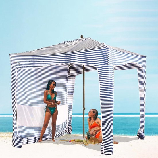 Strandtent - Strandcabana Zonnescherm - Bescherming tegen de zon - Afneembare zonnewand - 6ft x 6ft - Blauw gestreept
