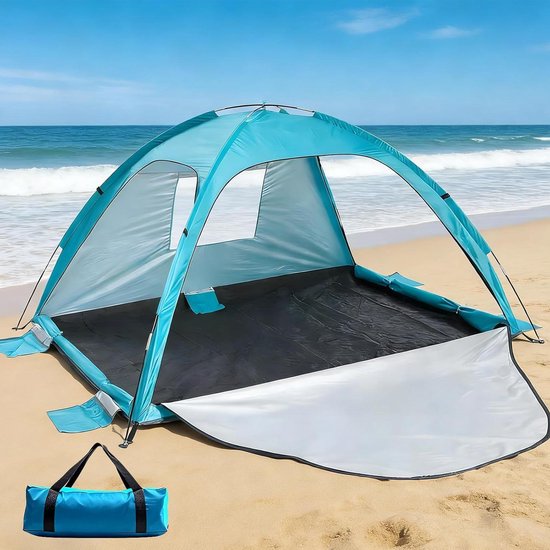 Strandtent UV Bescherming - Familietent Zonnescherm - Ontspannen op Strand - Snelle Montage 5 Min - Voor 3-4 Personen - Blauw