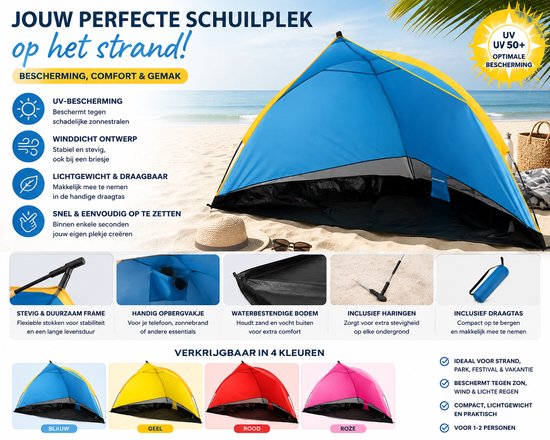 Strandtent UV30+ – Pop-up Strandtent – Strand Shelter – Zonwerende Strandtent – Inclusief Draagtas & Haringen – Voor Strand, Park & Festival – Verkrijgbaar in Blauw, Geel, Rood & Roze