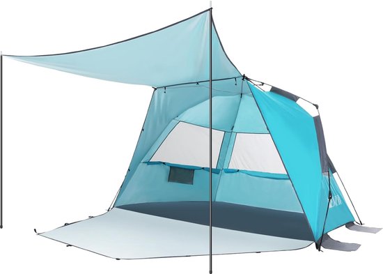 Strandtent voor 3-4 personen, pop-up strandtent met luifel, UPF 50+, UV-zonbescherming, waterdicht, voor gezinnen, strand, camping, tuin, blauw van Venustas
