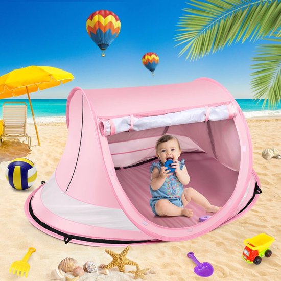 Strandtent voor baby’s, grote pop-up strandtent, draagbare reistent voor baby’s met muskietennet, binnenspeeltent voor baby’s, UPF 50+ UV-werende zonnetent voor baby’s