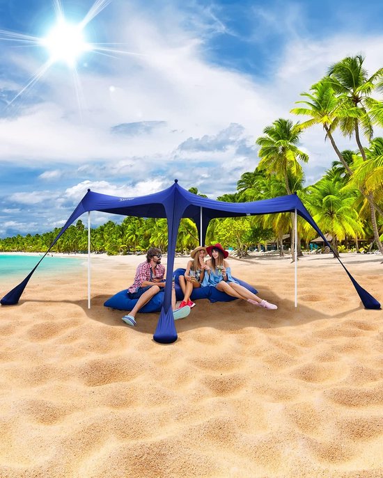 Strandtent Zonwering UPF50+ - 3m x 3m x 2m - Strandzonwering met 4 Aluminium Palen, 4 Zandzakken en 4 Grondankers - Zonneluifel Strandpaviljoen Lichtgewicht voor Picknick en Strandreizen van LifeGoods