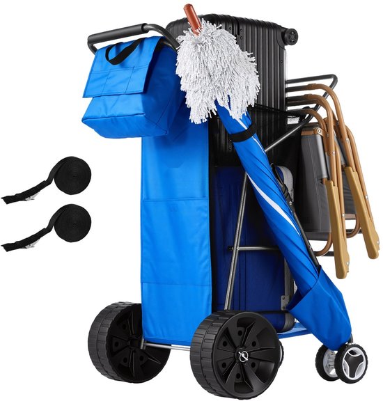 Strandtrolley / Bolderkar - Opvouwbare handkar - Massieve Rubberenen Wielen 25 cm - Geïsoleerde Koeltas - Parasolhouder - Draagvermogen 75 kg - Voor 4 Strandstoelen
