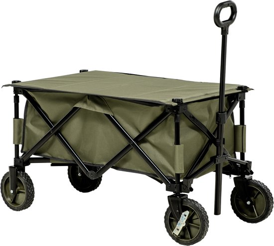 Strandwagen - Opvouwbare Transportwagen - 4 Wielen - Afneembaar Zeil - Verstelbare Handgreep - Inklapbare Tray - 5 Opbergvakken - 108x55x93 cm - Groen van Merkloos