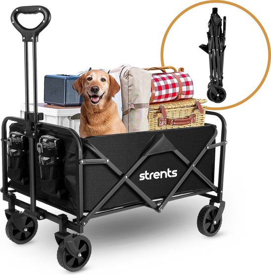 Strents® Opvouwbare Bolderkar Tot 120kg Draagvermogen - Zwart 83x47x60cm - Inhoud 120L Bolderwagen met Duwstang - Bolder Wagen Strandkar - Opvouwbare Draag Kar van Strents