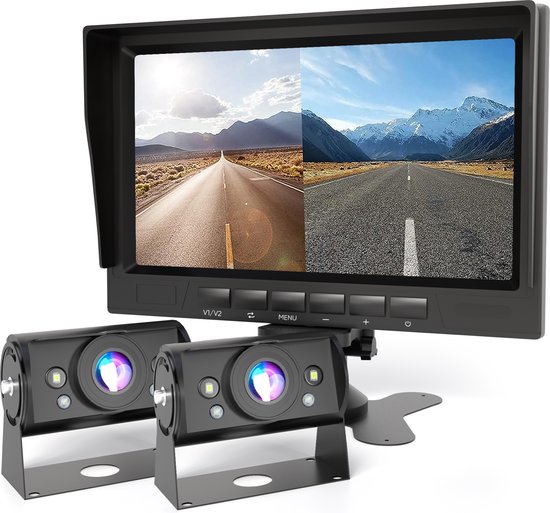 Strex Achteruitrijcamera Set Bedraad Met 2 Camera's (tegelijk bekijken) - HD 1080P - 7" Scherm - 18LED Nachtzicht 15m - IP69 Waterdicht - Achteruitrij Camera van Merkloos