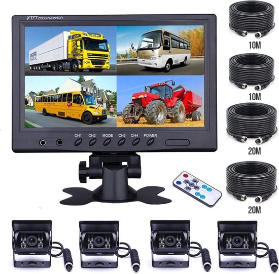 Strex Achteruitrijcamera Set Bedraad Met 4 Camera's (tegelijk bekijken) - 9" Scherm - 18LED Nachtzicht 15m - IP67 Waterdicht - Achteruitrij Camera van Strex