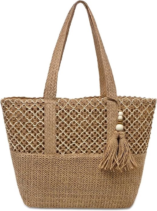 Stro strandtas voor dames, opvouwbaar, grote geweven strotas, tas, schoudertas met ritssluiting, zomervakantie
