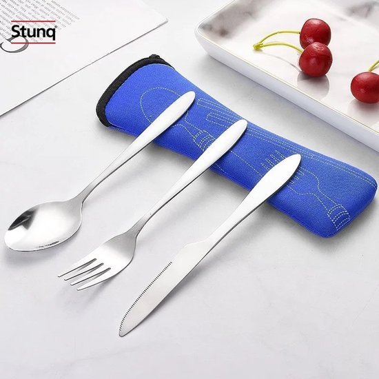 Stunq® 3-delige RVS Bestekset met Blauwe Draagtas - Mes, Vork en Lepel voor Reizen en Camping