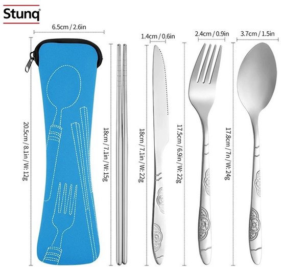 Stunq® Draagbare Bestekset 5-delig Blauw - Camping Vork Lepel Mes Eetstokjes met Opbergzak