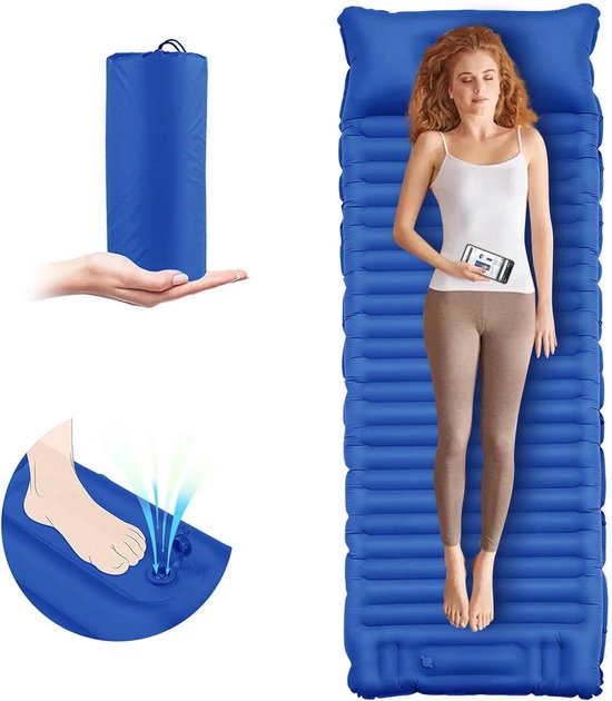 Stunq® Slaapmat voor buiten kamperen Slaapmat Zelfopblazend luchtbed Ultralicht draagbaar anti-ripstop verdikt slaapmat met kussen en voetperspomp Opblaasbaar kampeermatras van Merkloos