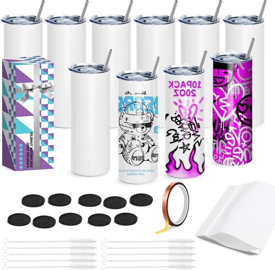 Sublimatie Tumbler - RVS Bekers - Gepersonaliseerde Cadeaus - Dubbelwandige Isolatie - 10 Stuks 20 OZ - Wit