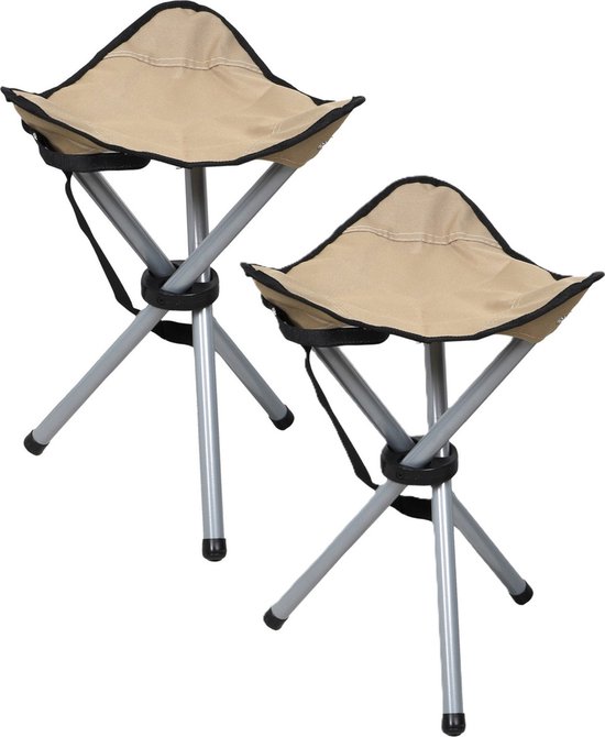 Sunnydays Driepoot opvouwbaar zit krukje - 2x - beige - metaal - 32 x 43 cm - Campingstoel - Visserskrukje van Sunnydays