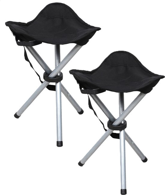 Sunnydays Driepoot opvouwbaar zit krukje - 2x - zwart - metaal - 32 x 43 cm - Campingstoel - Visserskrukje van Sunnydays
