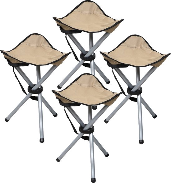 Sunnydays Driepoot opvouwbaar zit krukje - 4x - beige - metaal - 32 x 43 cm - Campingstoel - Visserskrukje