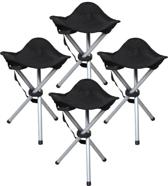 Sunnydays Driepoot opvouwbaar zit krukje - 4x - zwart - metaal - 32 x 43 cm - Campingstoel - Visserskrukje van Sunnydays