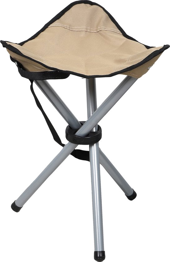 Sunnydays Driepoot opvouwbaar zit krukje - beige - metaal - 32 x 43 cm - Campingstoel - Visserskrukje van Sunnydays