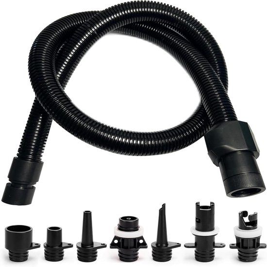 SUP Pomp Adapters - Ventiel Adapters - Opblaasbare Boten - 7 Verschillende Mondstukken - 1 Meter Slang - Zwart