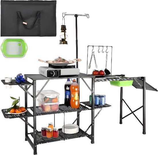 SureDeal® - Camping Kooktafel Set - Inklapbare Tafel - Kooktoestel - Kampeer buitenkeuken - Campingtafel - BBQ Tafel - Water- en warmteproof - 174x50x160cm van $