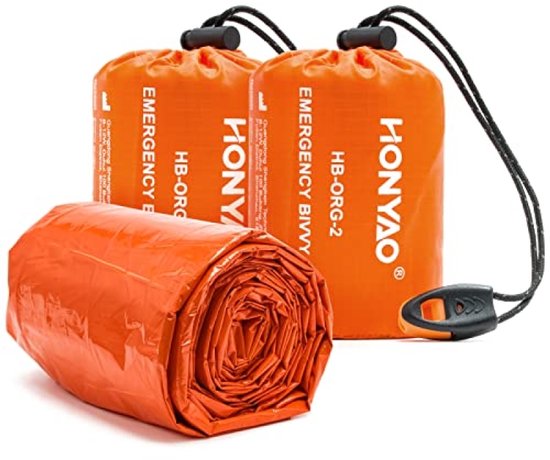 Survival-slaapzak met signaalfluitje en nooddeken, 2 stuks, oranje, waterdicht, ultralicht (110g) voor outdoor kamperen en wandelen