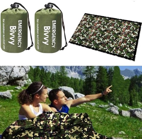 Survival-slaapzak voor twee personen - Noodbivakzak voor buiten, wandelen en kamperen - Extra grote herbruikbare nooddeken van Merkloos