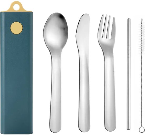 Swissbex Reisbestek in Handig Opbergdoosje: Stijlvol Roestvrij Stalen Bestek en Metalen Rietje met reinigingsborstel - Blauw/Geel van SwissBex
