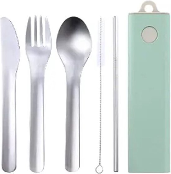 Swissbex Reisbestek in Handig Opbergdoosje: Stijlvol Roestvrij Stalen Bestek en Metalen Rietje met reinigingsborstel - Mint/Beige van SwissBex