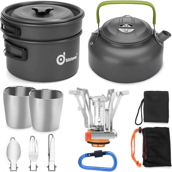 Tableware Set for 1-2 People with Portable Aluminium Pot Tea Kettle Mugs Cutlery for Camping Outdoor Picnic Hiking van Merkloos