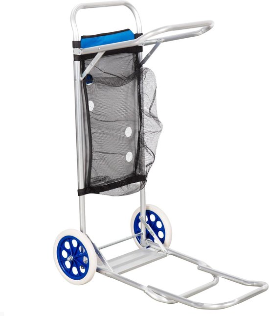 Tafelwagen voor het strand 42 x 100 x 50 cm 2-in-1 transportwagen opvouwbaar inclusief tas en hulprooster wielen 21 cm frame en plaat van aluminium maximale draaglast 20 kg. van Merkloos