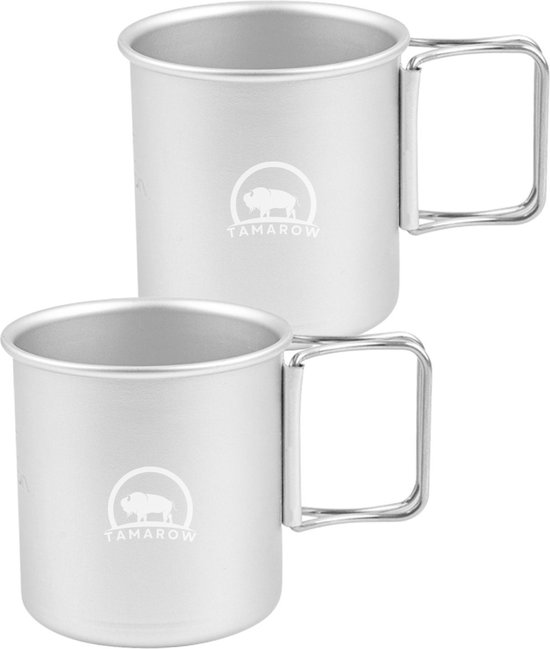 Tamarow RVS Camping Mok Set - 300ml - Campingbeker - Drinkbeker - Uitklapbare Kampeer Mokken - Zilver - Set van 2 van Tamarow