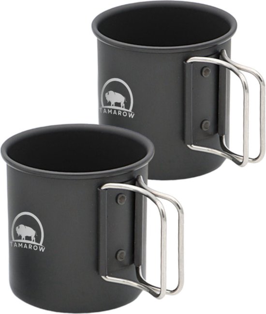 Tamarow RVS Camping Mok Set - 300ml - Campingbeker - Drinkbeker - Uitklapbare Kampeer Mokken - Zwart - Set van 2 van Tamarow