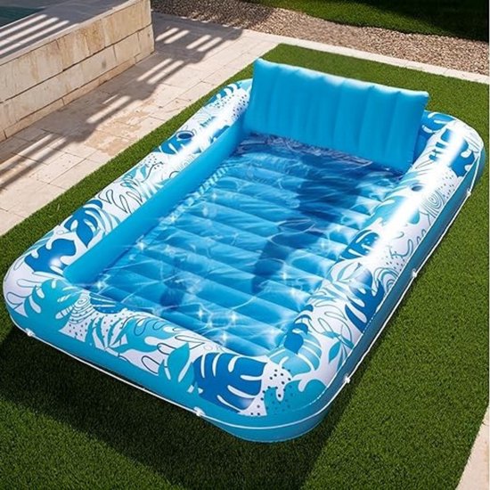 Tanning Bed - XL Opblaasbare Ligstoel voor Volwassenen - Extra Grote Zonnebank - Zwembadmatras Solarium - Opblaasbaar Bed - Zwembadmatras Lounge - Drijver - Twee 3" Bekerhouders - Eén Afneembare Hoofdsteun - 215 x 144 cm - Blauw van Merkloos