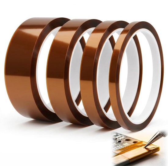 tape [4 rollen] – polyimide tape set 5/10/15/25 mm x 33 m, hoge temperatuurband, dikte 0,05 mm, zonder resten voor sublimatie, lassen, 3D-printen en isolatie