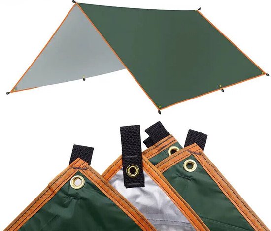 Tarp 3 x 3 - Waterdicht - UV 50+ - Met Opbergtas - PU 3000 mm - Ultralight Multifunctionele Tent voor Buiten, Camping, Hangmat - Met Oogjes - Zonscherm - Onderdak van T
