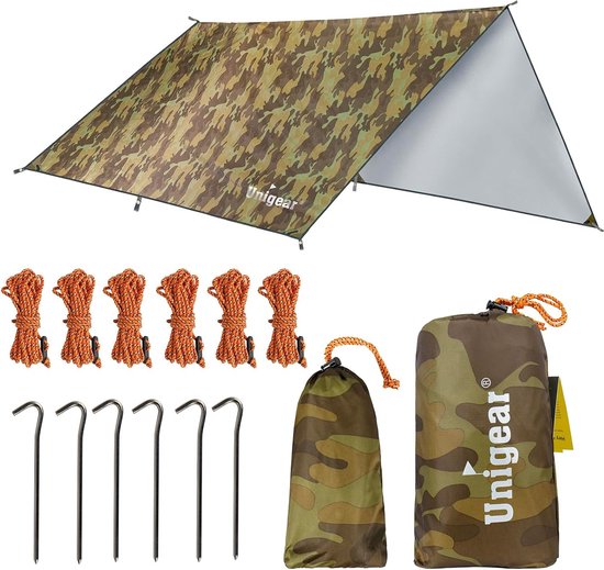 Tarp 3 x 3 waterdichte camouflage, tentzeil voor hangmat, waterdicht met oogjes + 6 haringen + 6 touwen, regenbescherming, zonwering voor outdoor camping van T