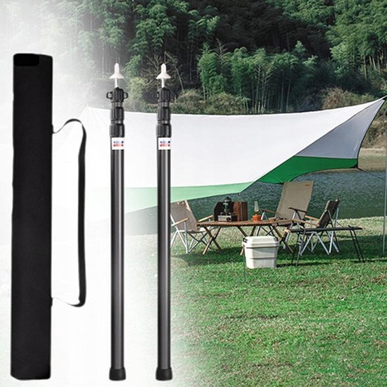 Tarp/Tentstok - Spanstok Luifel - Tentstang - Luifelstok - Telescopisch - 2 Stuks - 95-230 cm - Aluminium - 4 Delig - Roestpreventie & Antislip - met Opbergtas - Telescoopstang - Voor Tent Tarp Luifel en Hangmat - Zwart
