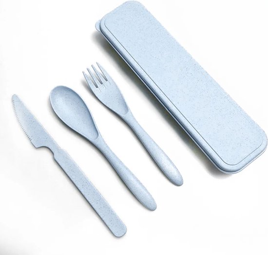 Tarwestro Camping/Outdoor Bestek Set Blauw- Meeneem Bestek Doosje- Mes- Vork- Lepel- Picknick Bestek Set- Biologische bestek Set- Tarwe Bestekset- Kinder Bestek Set