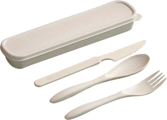Tarwestro Camping/Outdoor Bestek Set Khaki- Meeneem Bestek Doosje- Mes- Vork- Lepel- Picknick Bestek Set- Biologische bestek Set- Tarwe Bestekset- Kinder Bestek Set