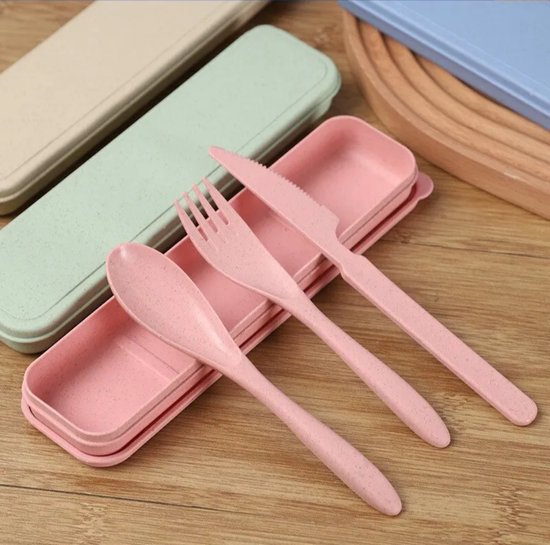 Tarwestro Camping/Outdoor Bestek Set Roze- Meeneem Bestek Doosje- Mes- Vork- Lepel- Picknick Bestek Set- Biologische bestek Set- Tarwe Bestekset- Kinder Bestek Set