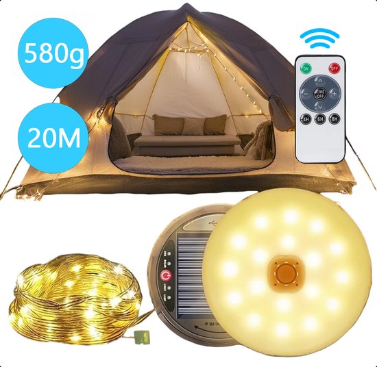 Tech Essentials® Solar Camping Lichtsnoer Met Afstandsbediening - 20 Meter - IP67 Waterdicht - Oprolbaar - Oplaadbaar - Warm-Wit - Verlichting Buiten Slinger - Lampjes - Lampenslinger - Kampeerlamp - Tentlamp van Merkloos