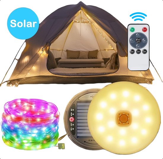 TechEssentials® Solar Camping Lichtsnoer Met Afstandsbediening - 10 Meter - IP67 Waterdicht - Oprolbaar - Oplaadbaar - Multi-Kleur | Verlichting Buiten Slinger - Lampjes - Lampenslinger - Kampeerlamp - Tentlamp van TechEssentials