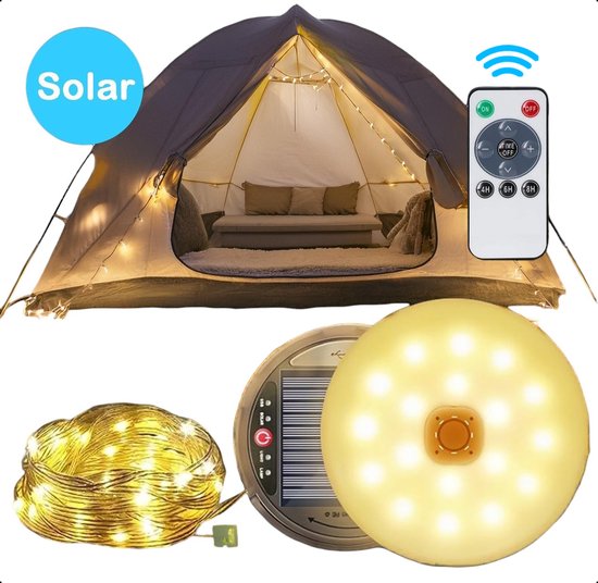 TechEssentials® Solar Camping Lichtsnoer Met Afstandsbediening - 10 Meter - IP67 Waterdicht - Oprolbaar - Oplaadbaar | Verlichting Buiten Slinger - Lampjes - Lampenslinger - Kampeerlamp - Tentlamp van TechEssentials
