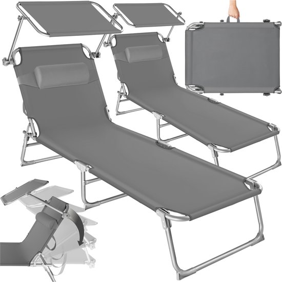 tectake® - 2 x ligbed Ligbed - set van 2 zonnebedden - 4 standen , inklapbaar - Met handgreep - grijs - 68 x 190 x 28 cm van Tectake