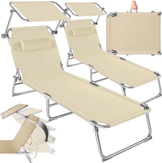 tectake® - 2 x ligbed - set van 2 zonnebedden - 4 standen , inklapbaar - Met handgreep - beige - 68 x 190 x 28 cm van Tectake