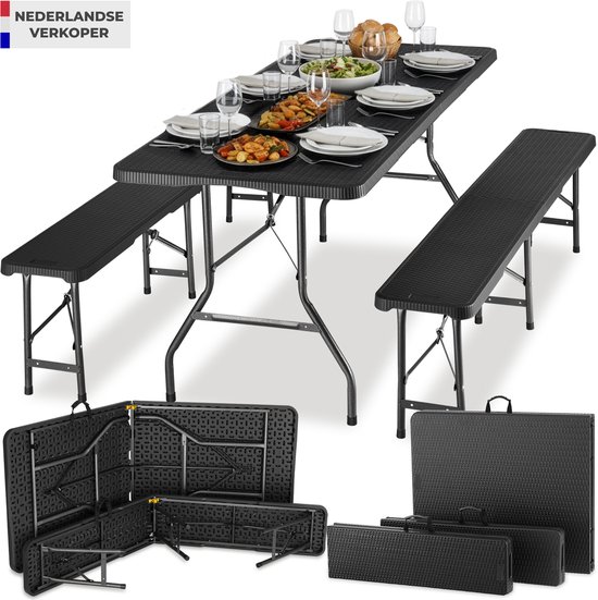 tectake® 3-delige Tuintafel Set - 180 cm - Campingtafel met 2 Banken - Inklapbaar - Lichtgewicht - Camping Tafel met Handgrepen - Ook te gebruiken als Biertafel, Picknicktafel, Buffettafel - Zwart van Merkloos