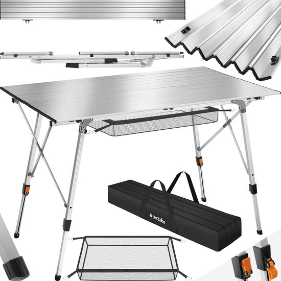 tectake®- Aluminium campingtafel kampeertafel - in hoogte verstelbaar - LxBxH: ca. 120x70.5x58-79cm - Inc. draagtas - zilverkleurig van Tectake