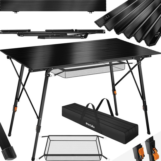 tectake®- Aluminium campingtafel kampeertafel - in hoogte verstelbaar - LxBxH: ca. 120x70.5x58-79cm - Inc. draagtas - zwart van Tectake
