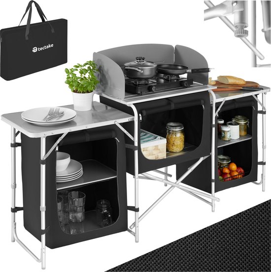 tectake® - Campingkeuken 172x52x104cm met 5 vakken - Opvouwbaar - Afsluitbare compartimenten - Stevige werkbladen - Incl. windscherm- zwart van Tectake