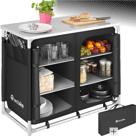 tectake® campingkeuken- opvouwbare campingkast- reiskeuken- keukenkast met werkblad en opbergvakken voor buitenkeuken- voortent, caravan of autocamping - met draagtas - zwart van Merkloos